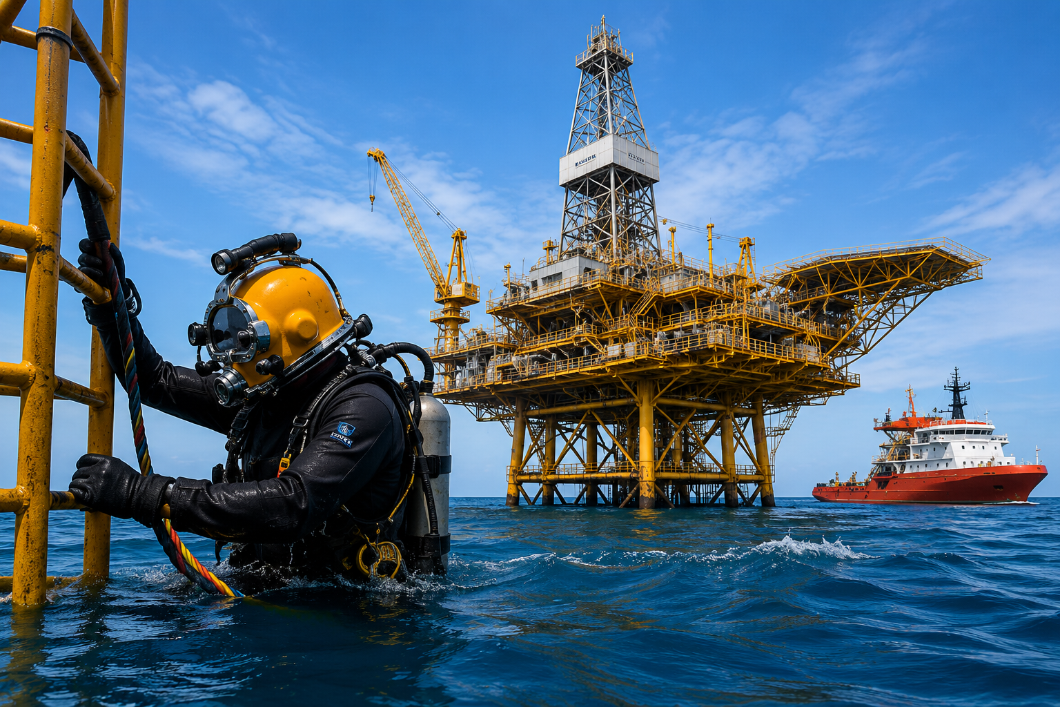 Commercial diver approaching an offshore oil rig platform
